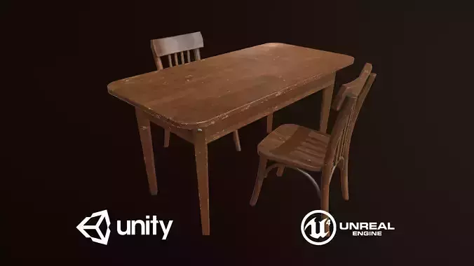 Old Table and Chair Low-poly 3D model