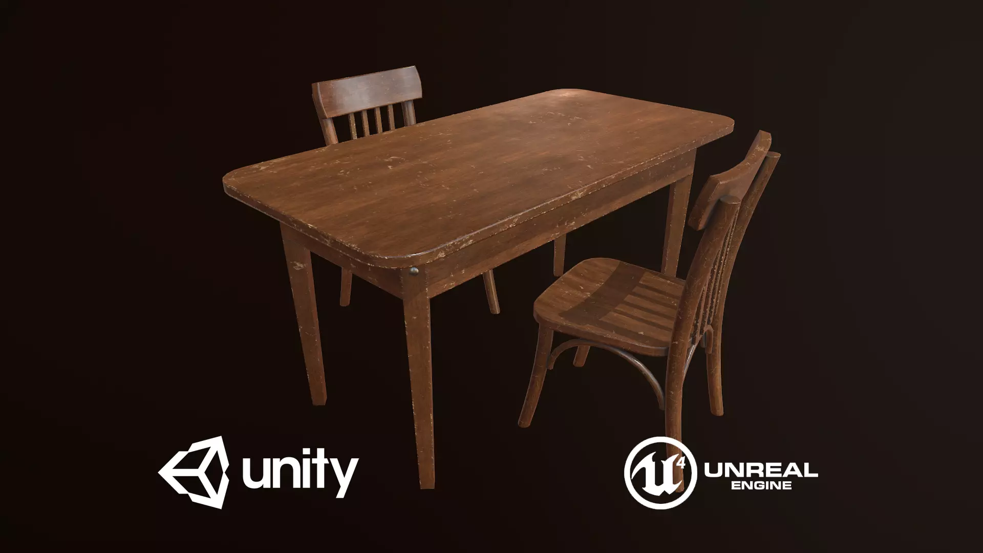 Old Table and Chair Low-poly 3D model_0