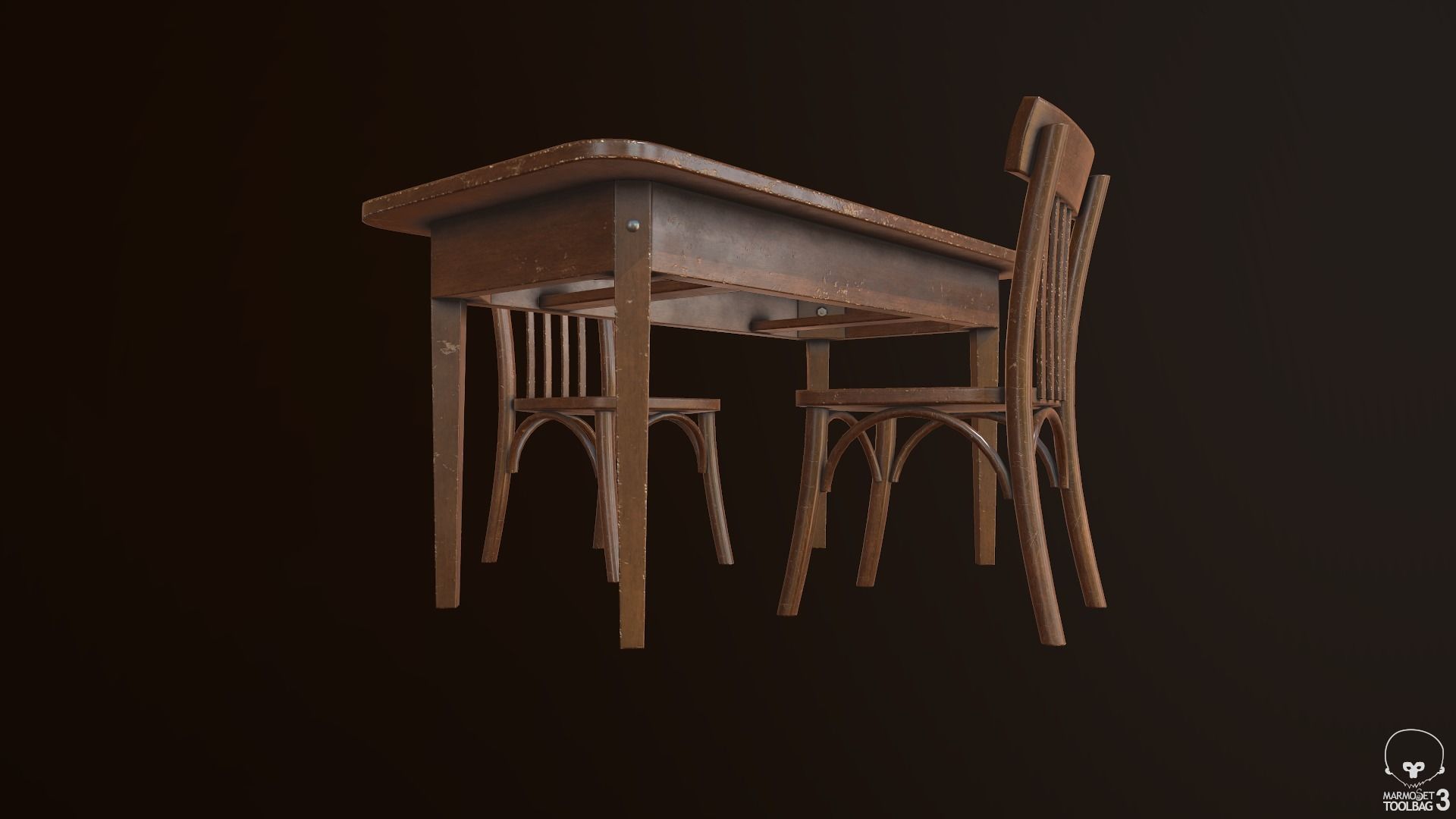 Old Table and Chair Low-poly 3D model_3