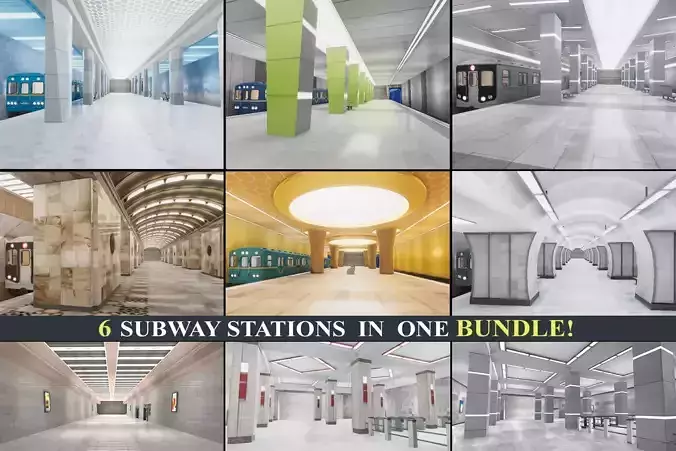 Subway Stations Bundle - 6 Scenes Low-poly 3D model