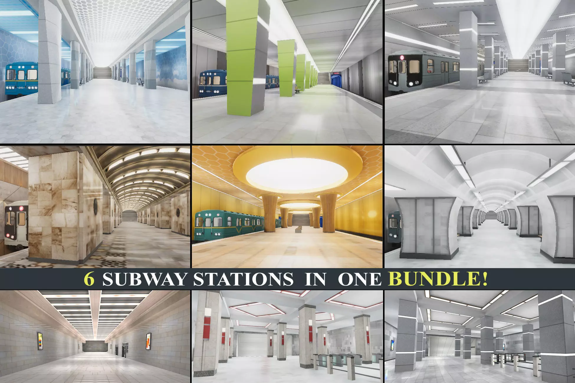 Subway Stations Bundle - 6 Scenes Low-poly 3D model_0