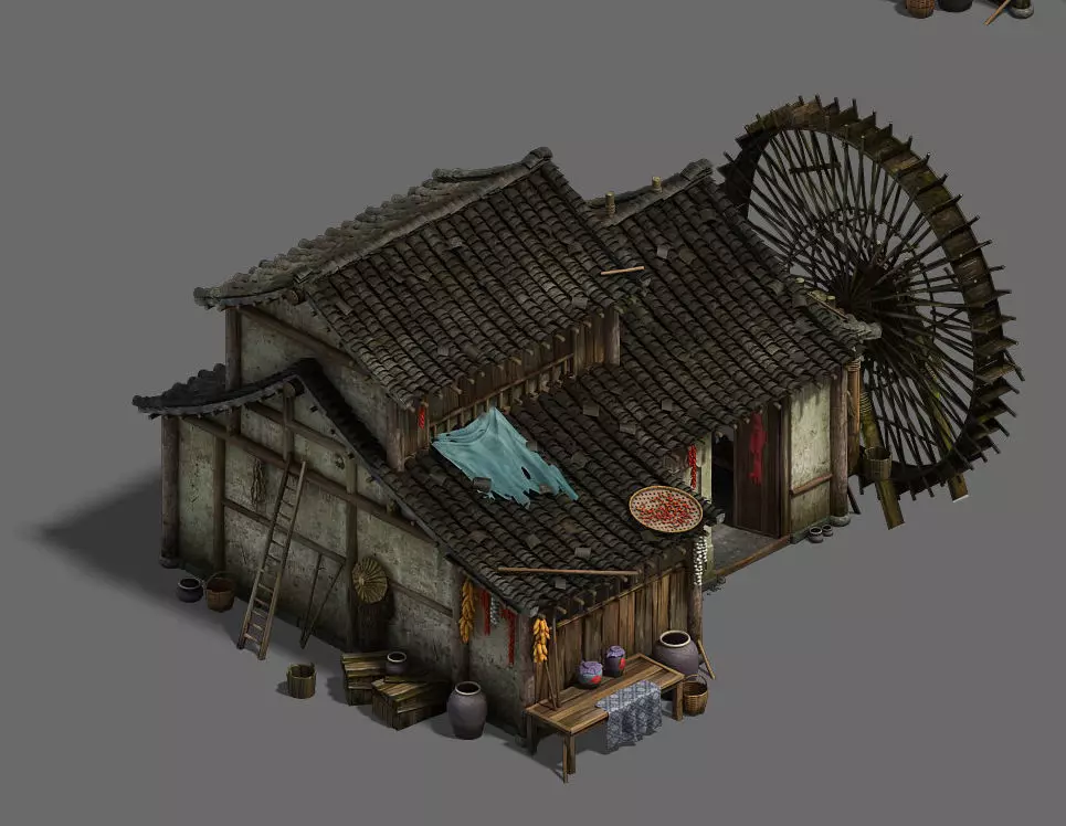 inary town - medium - sized houses - waterwheels 3D model