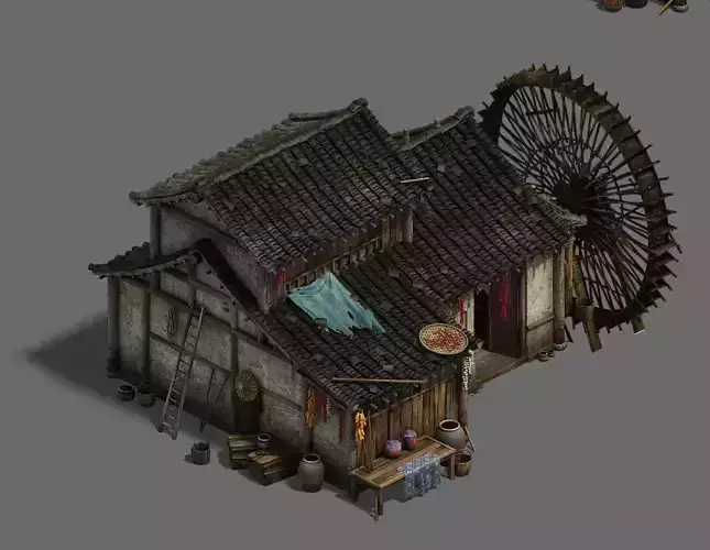 inary town - medium - sized houses - waterwheels 3D model