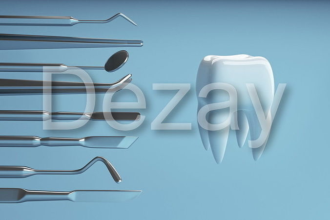 Tooth with a dentists tools 3D model