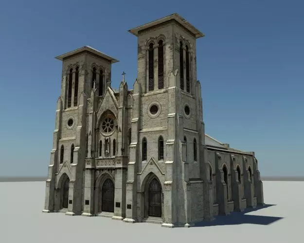Cathedral church with two towers Low-poly 3D model_0