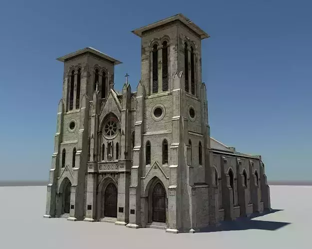 Cathedral church with two towers Low-poly 3D model