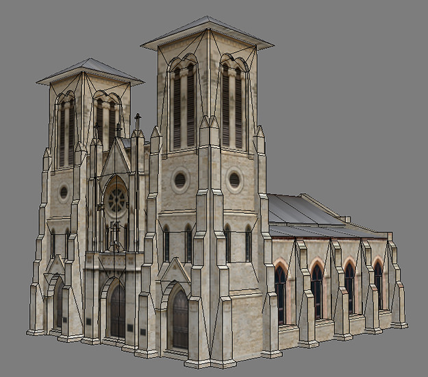 Cathedral church with two towers Low-poly 3D model_4