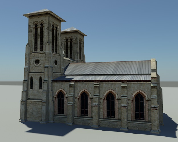Cathedral church with two towers Low-poly 3D model_1