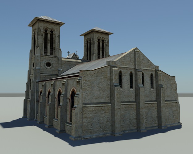 Cathedral church with two towers Low-poly 3D model_2