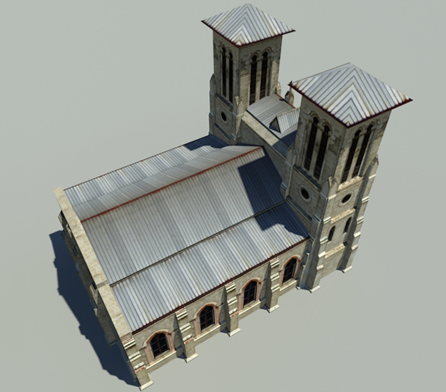 Cathedral church with two towers Low-poly 3D model_3