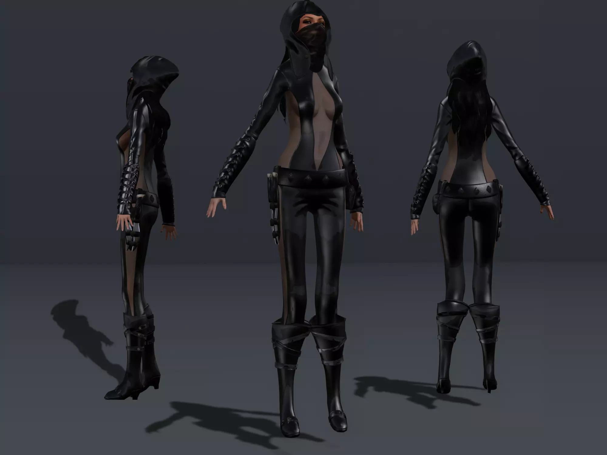 Female Hooded Ninja Full Character Low-poly 3D model_0