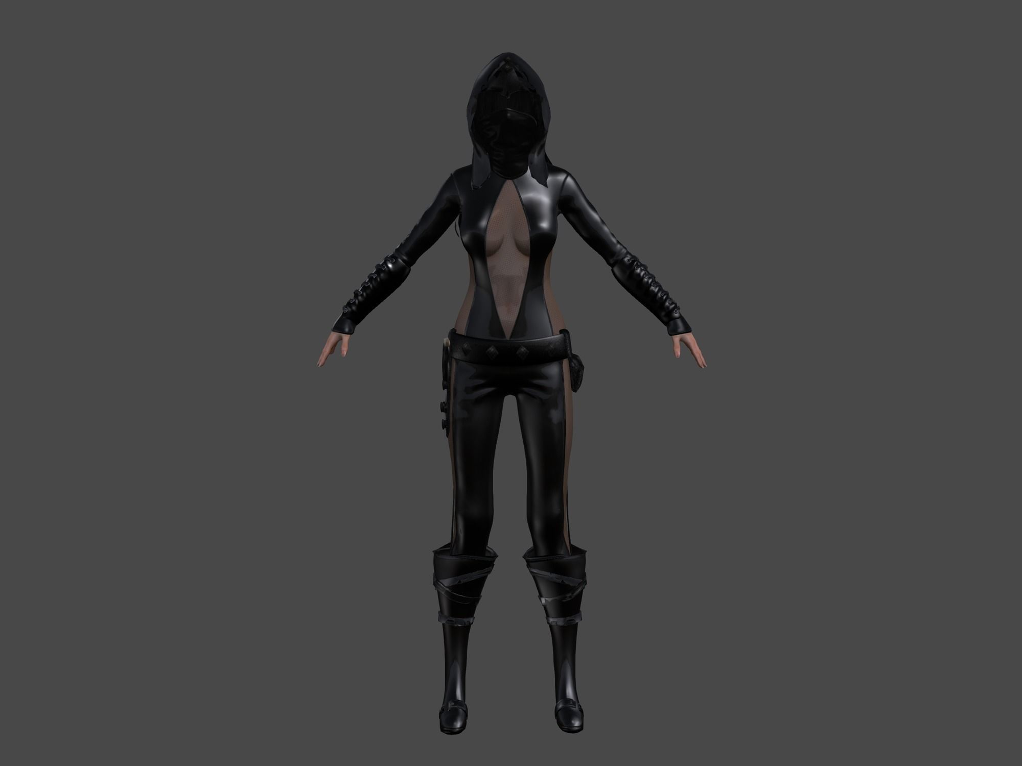 Female Hooded Ninja Full Character Low-poly 3D model_3