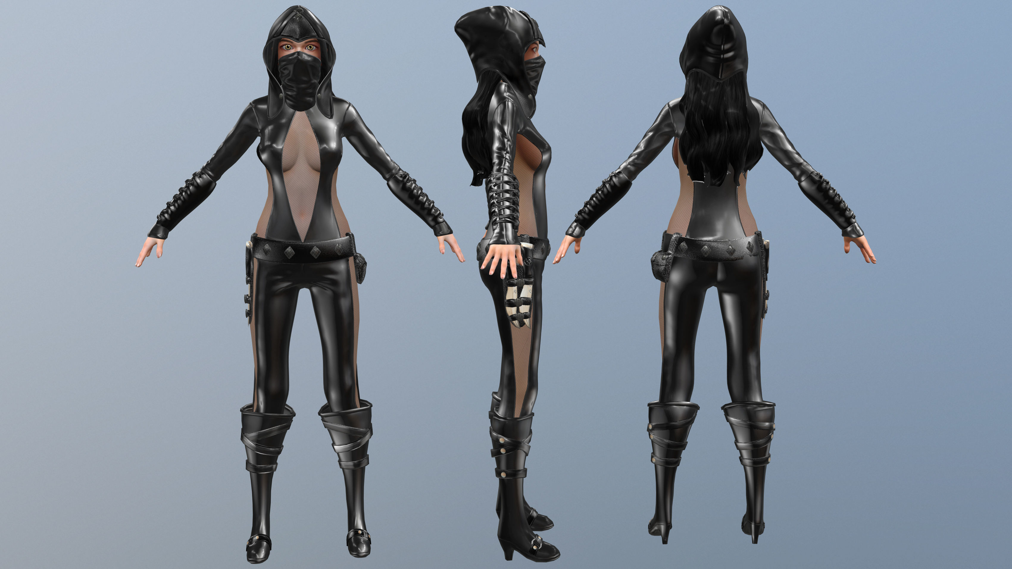 Female Hooded Ninja Full Character Low-poly 3D model_5