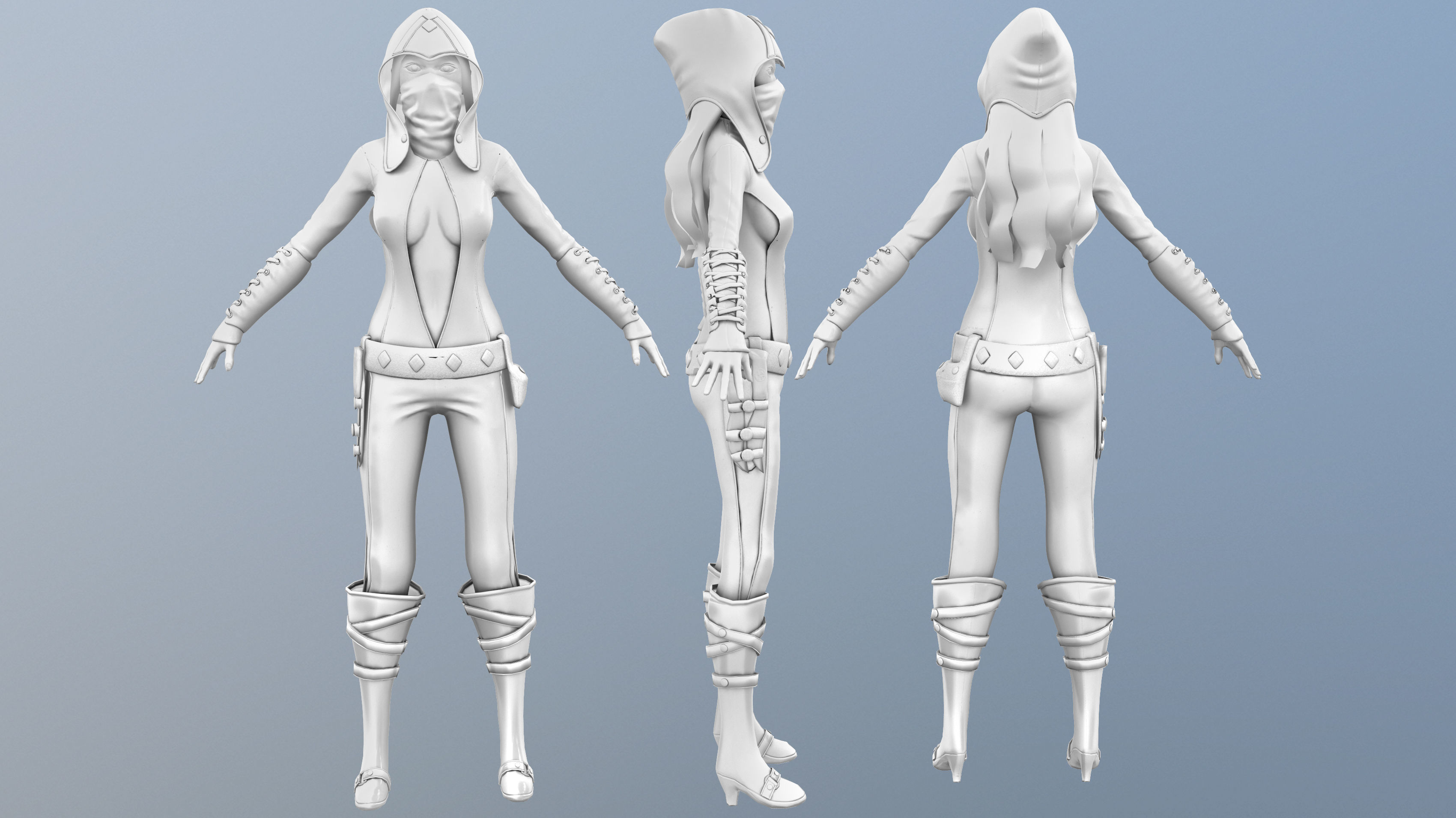 Female Hooded Ninja Full Character Low-poly 3D model_7