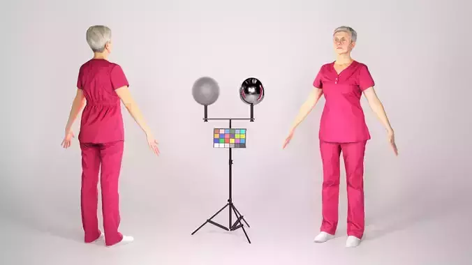 Middle-aged woman in red surgical uniform in A-pose 126