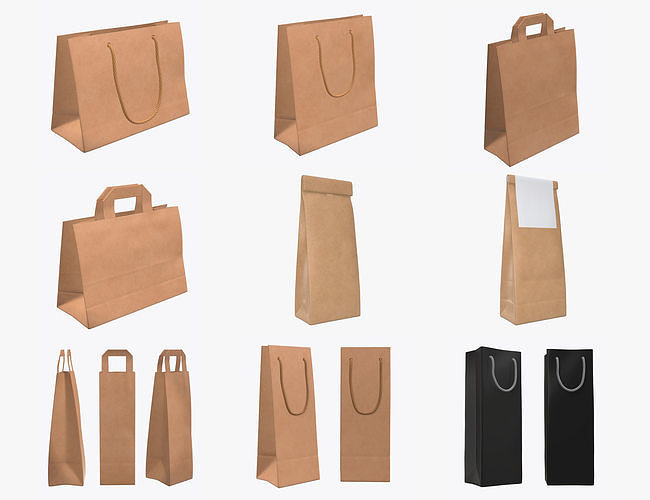 craft paper package bag with rope handle label mock-up 3D Model Collection