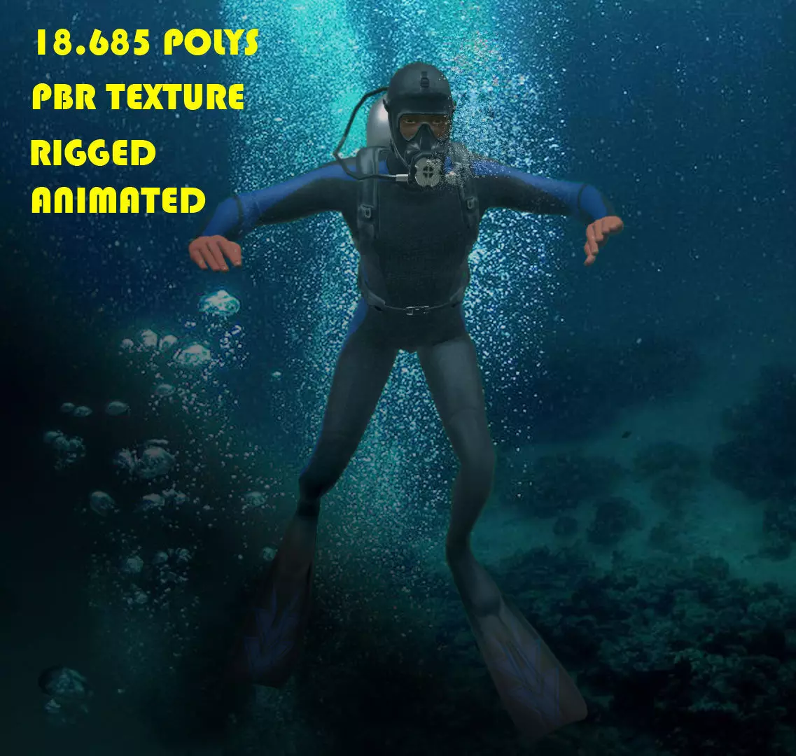 Scuba diver rigged Low-poly 3D model_0