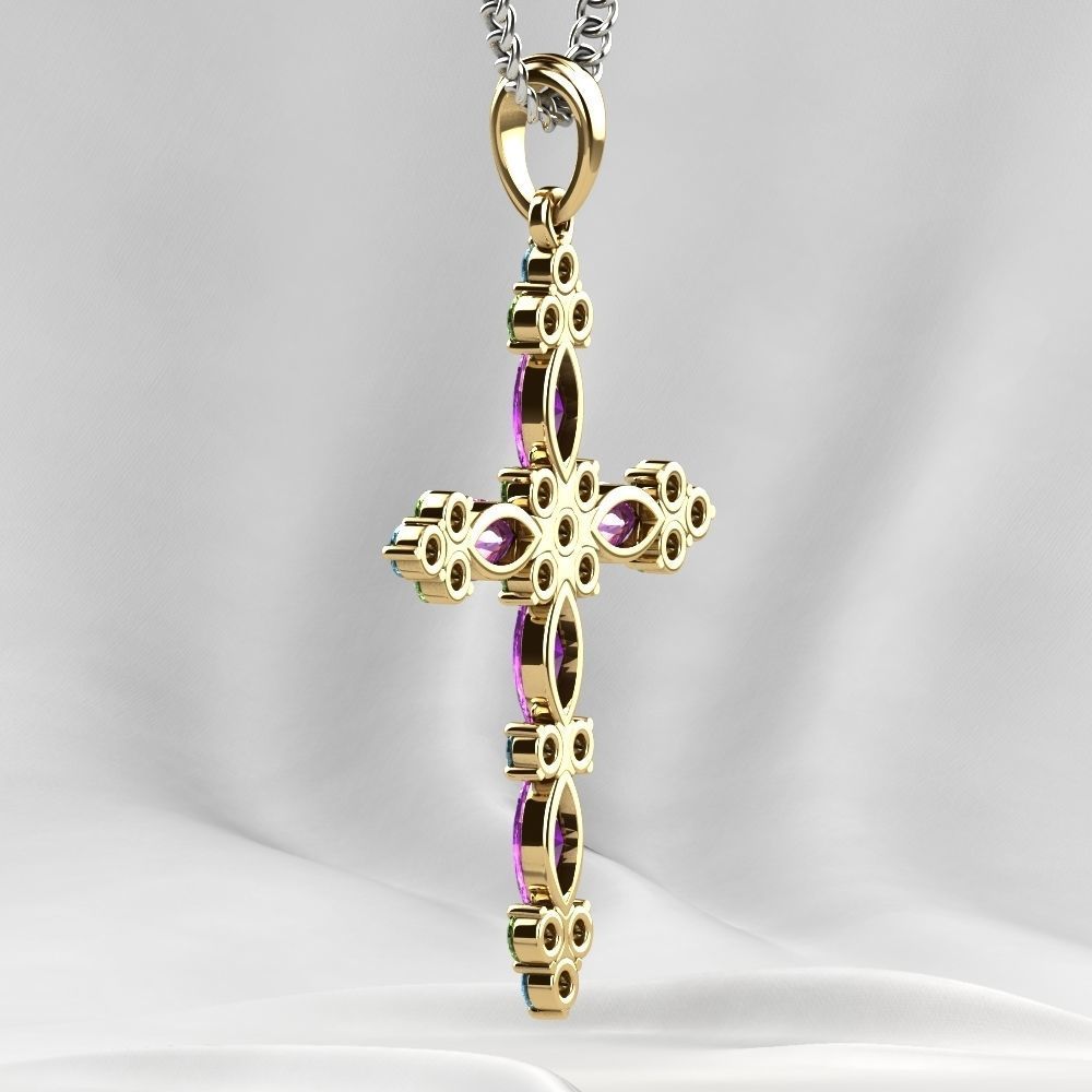 Gold Cross Pendant with Gemstones 3D print model_21