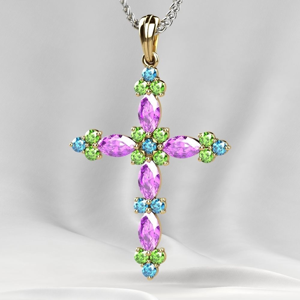 Gold Cross Pendant with Gemstones 3D print model_15