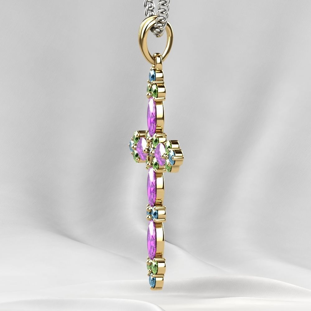 Gold Cross Pendant with Gemstones 3D print model_19