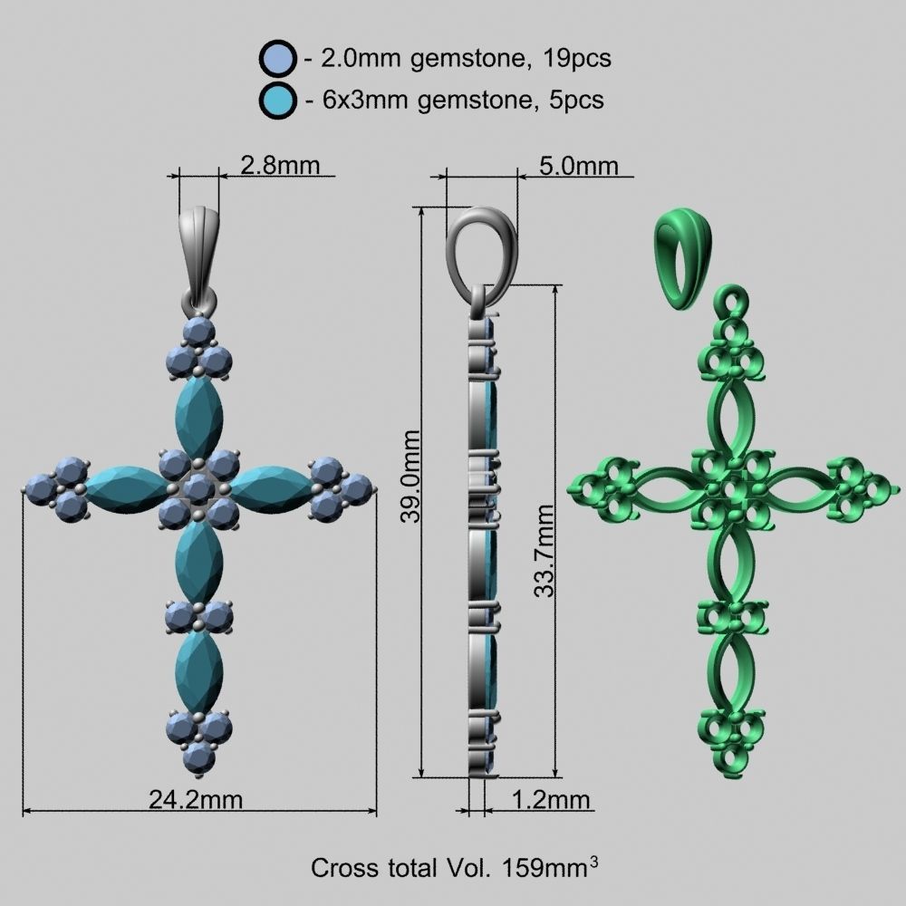 Gold Cross Pendant with Gemstones 3D print model_22