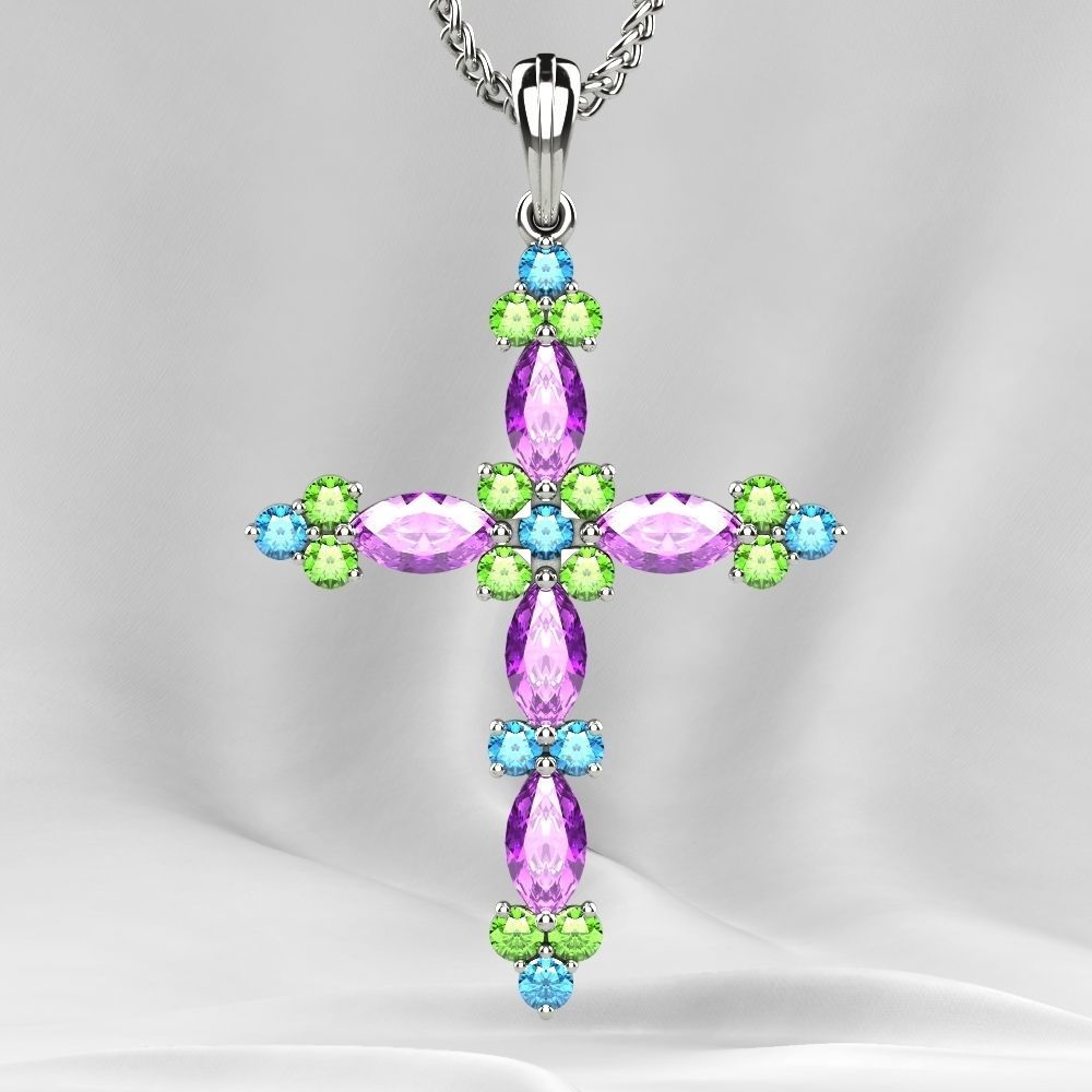 Gold Cross Pendant with Gemstones 3D print model_8