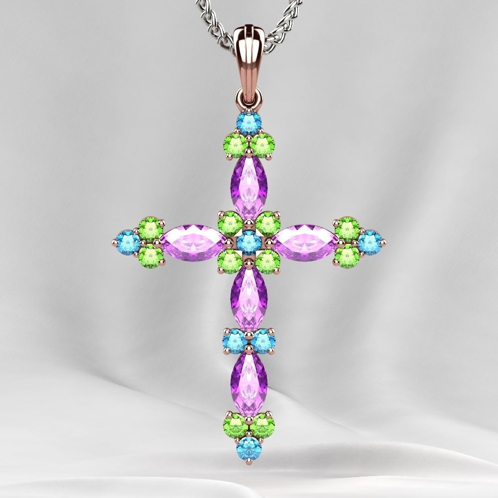 Gold Cross Pendant with Gemstones 3D print model_5