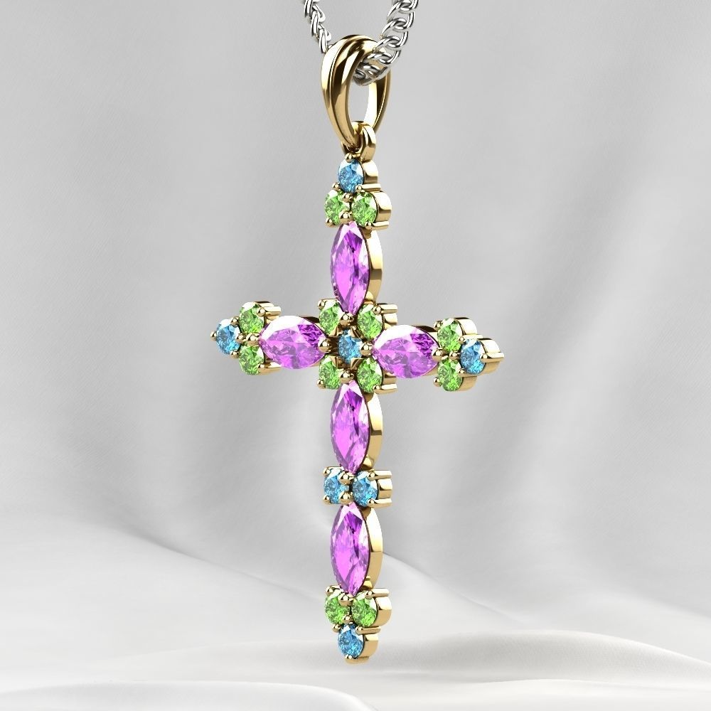 Gold Cross Pendant with Gemstones 3D print model_17