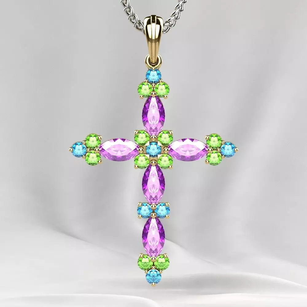 Gold Cross Pendant with Gemstones 3D print model_0