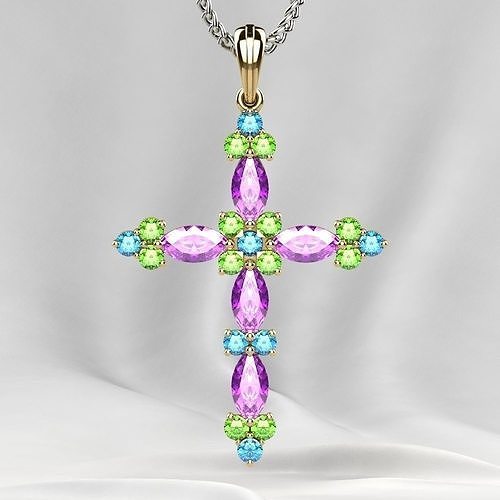 Gold Cross Pendant with Gemstones 3D print model