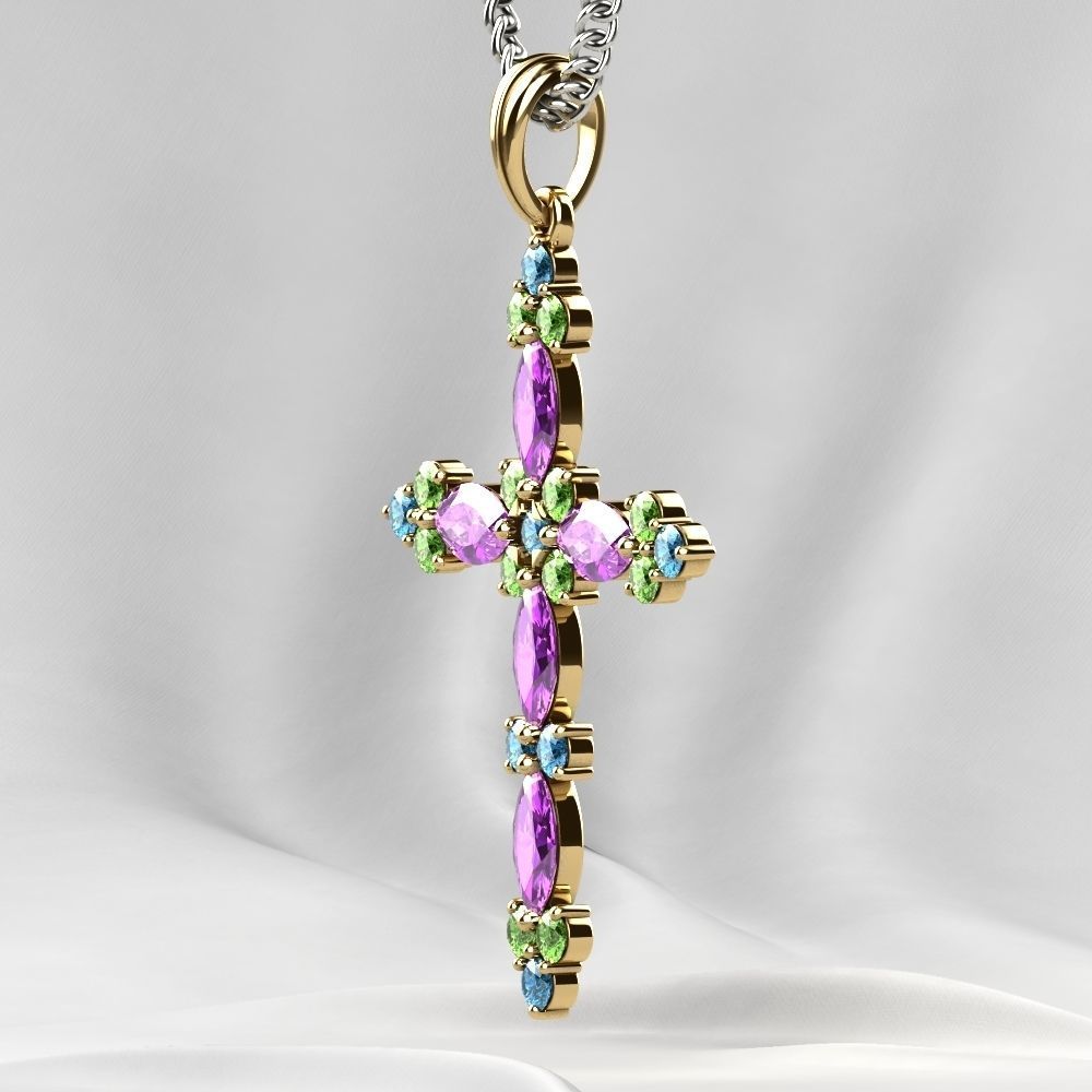 Gold Cross Pendant with Gemstones 3D print model_18