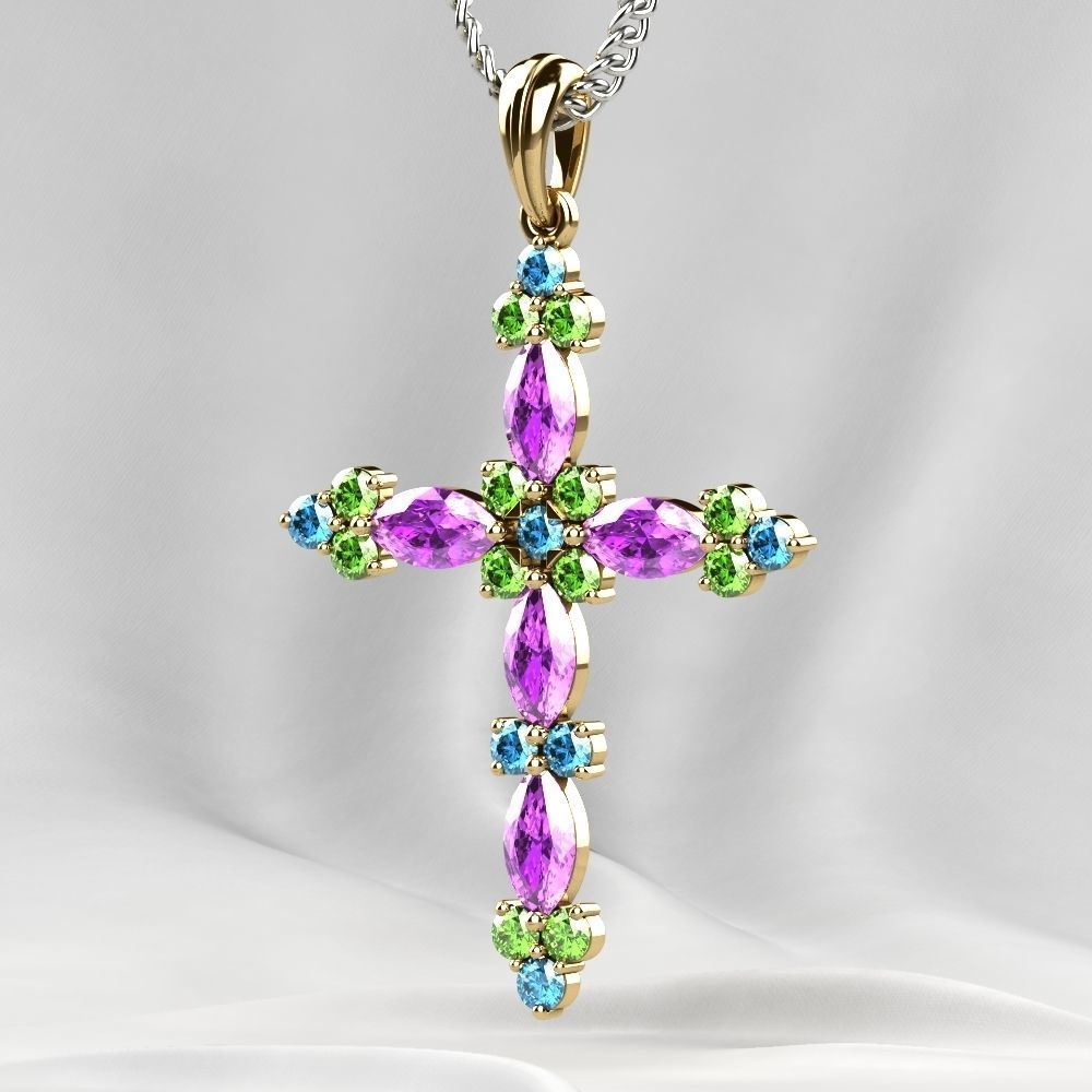 Gold Cross Pendant with Gemstones 3D print model_16