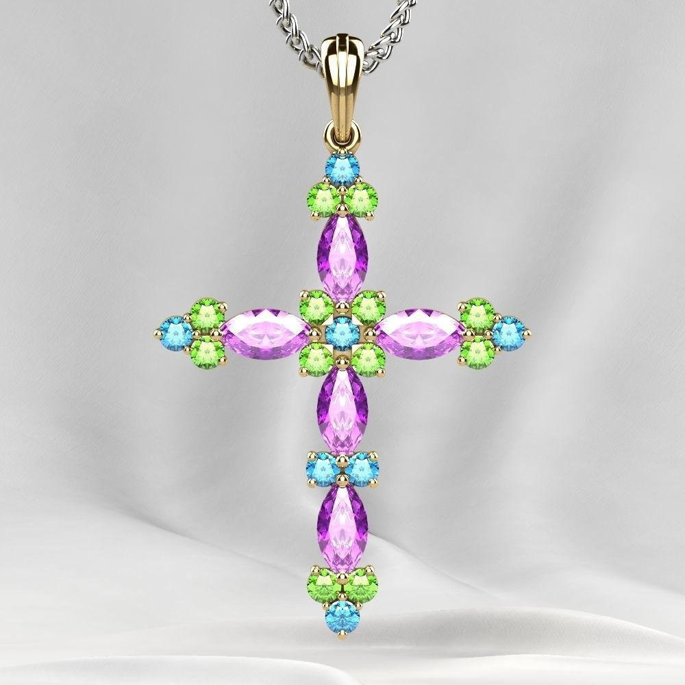 Gold Cross Pendant with Gemstones 3D print model_1