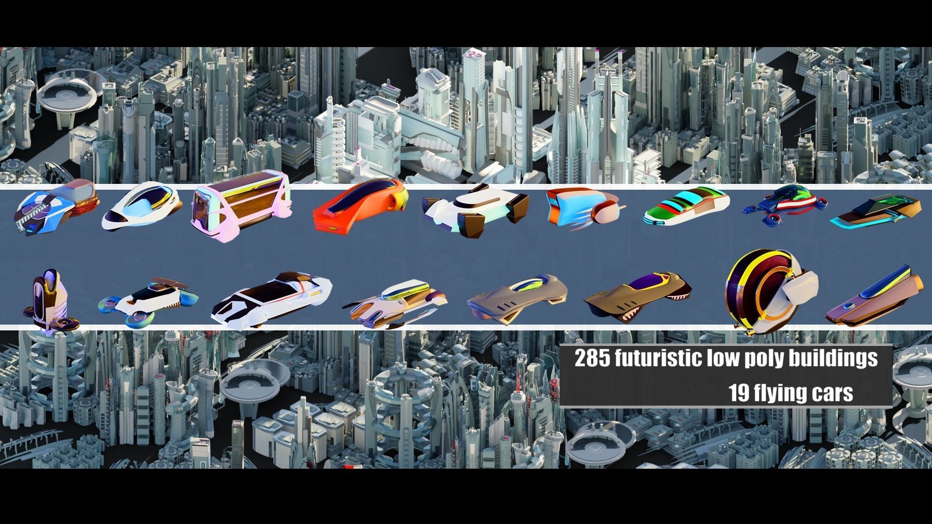 320 Futuristic LowPoly Buildings plus 20 Flying Cars 3D Model Collection_10