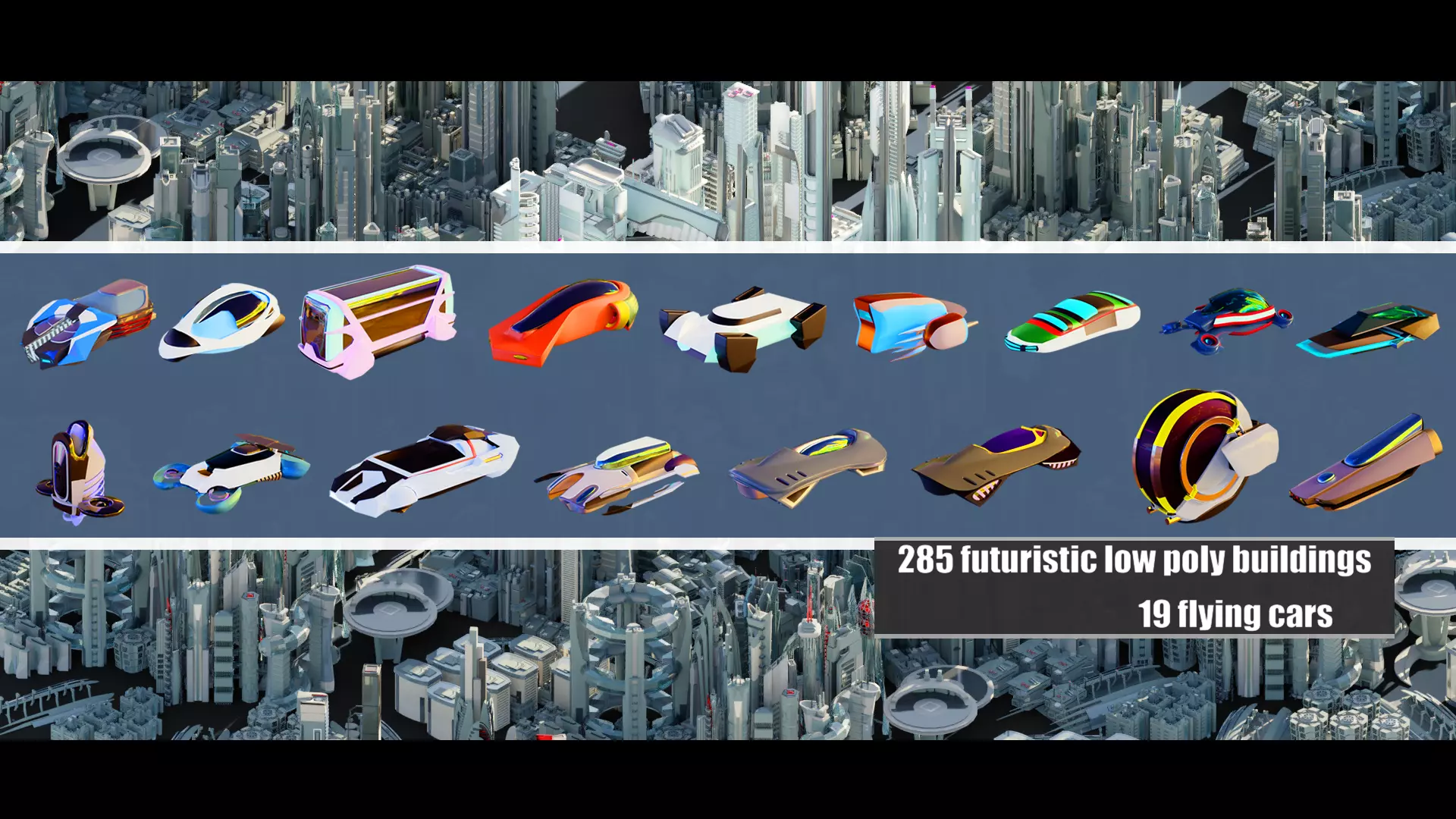 320 Futuristic LowPoly Buildings plus 20 Flying Cars 3D Model Collection_0