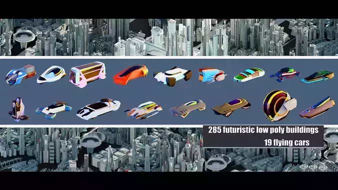 320 Futuristic LowPoly Buildings plus 20 Flying Cars 3D Model Collection