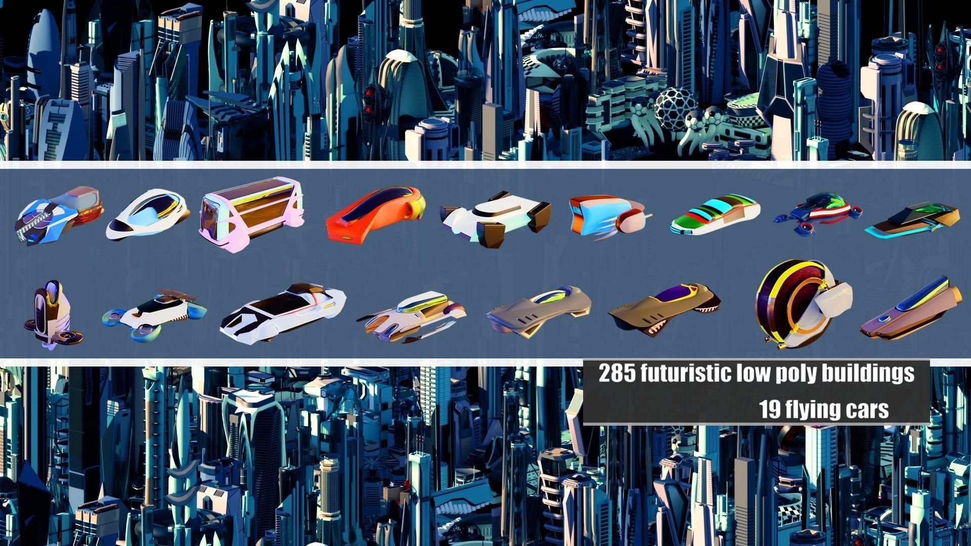 320 Futuristic LowPoly Buildings plus 20 Flying Cars 3D Model Collection_11
