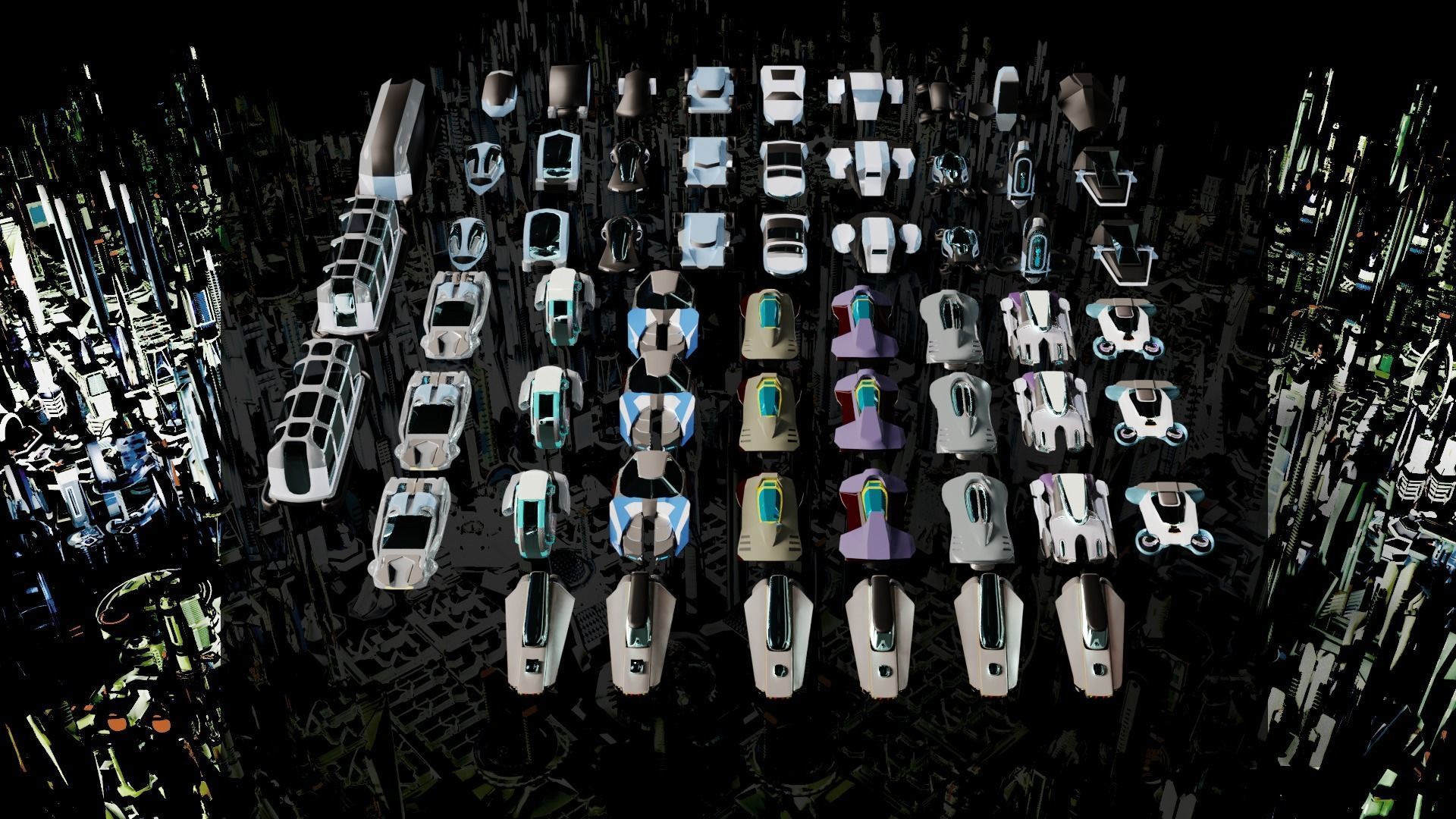 320 Futuristic LowPoly Buildings plus 20 Flying Cars 3D Model Collection_30