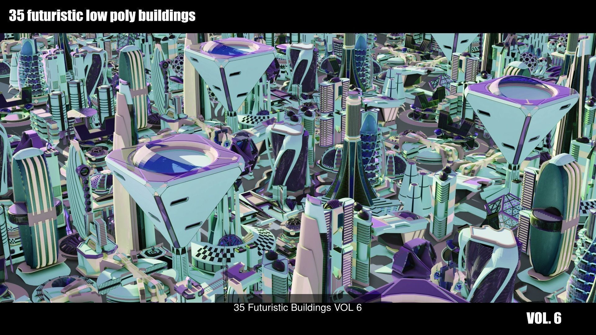 320 Futuristic LowPoly Buildings plus 20 Flying Cars 3D Model Collection_4