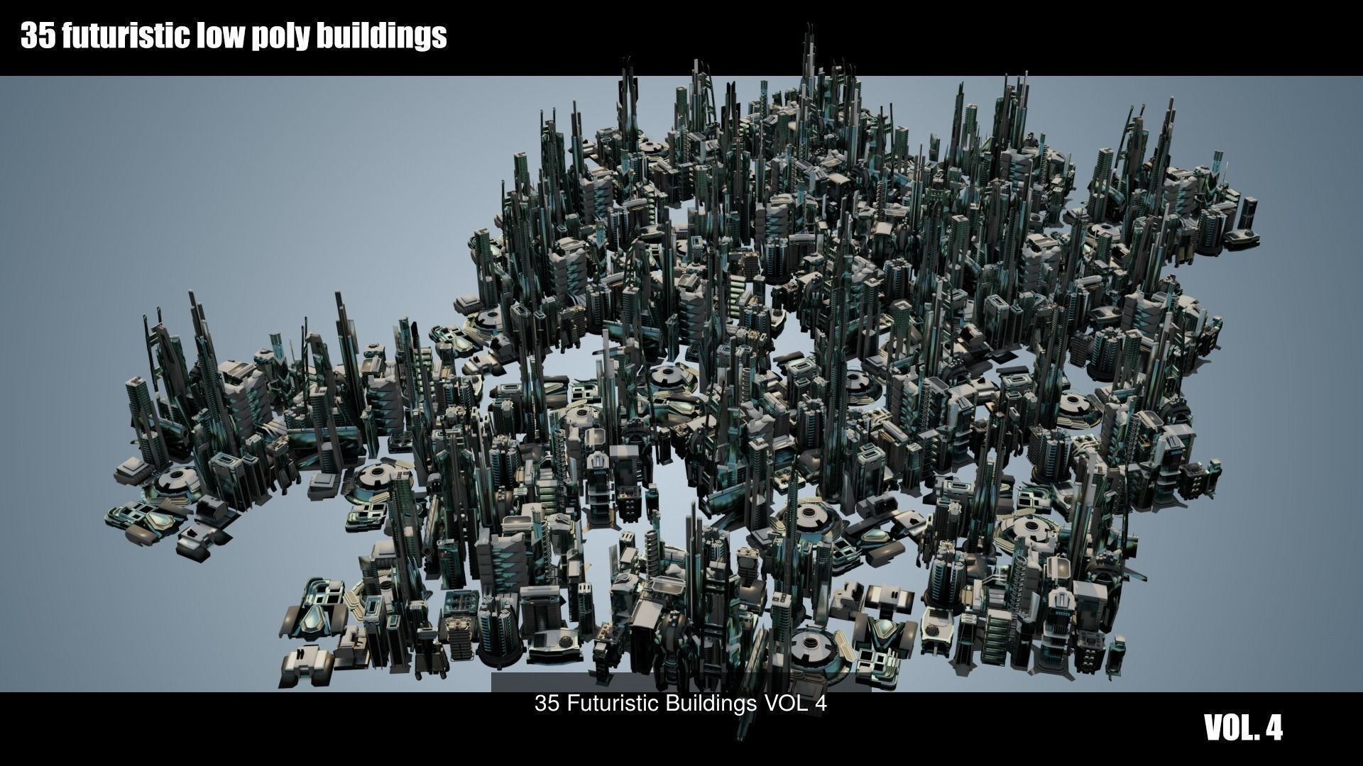 320 Futuristic LowPoly Buildings plus 20 Flying Cars 3D Model Collection_8