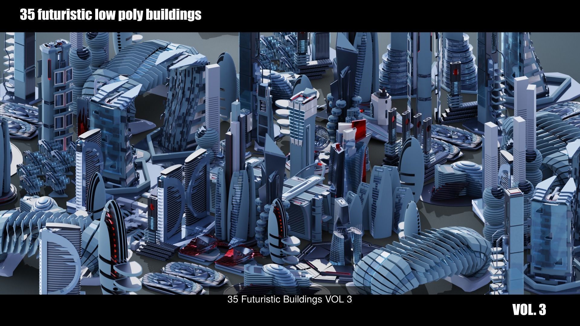 320 Futuristic LowPoly Buildings plus 20 Flying Cars 3D Model Collection_7
