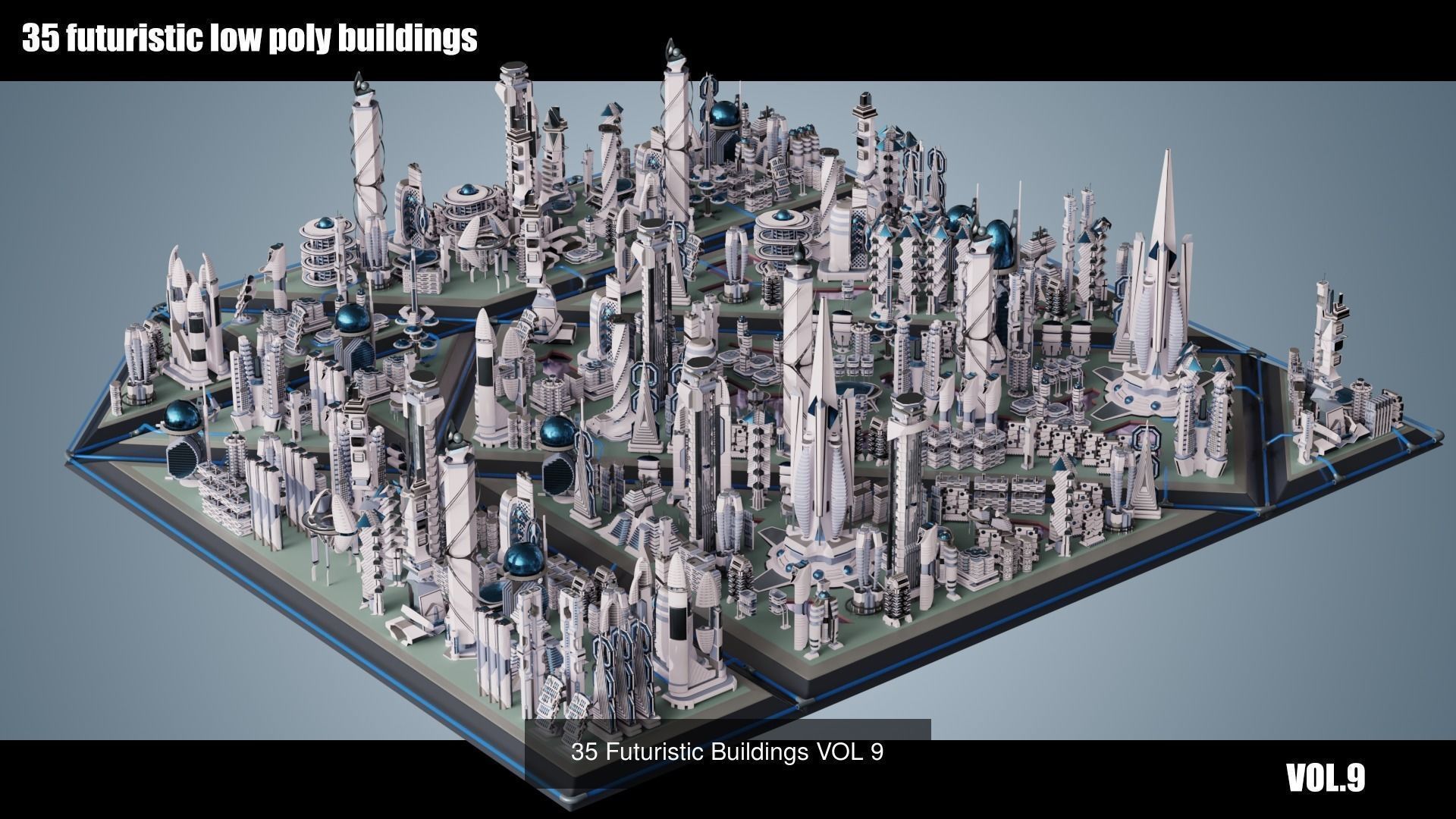 320 Futuristic LowPoly Buildings plus 20 Flying Cars 3D Model Collection_1