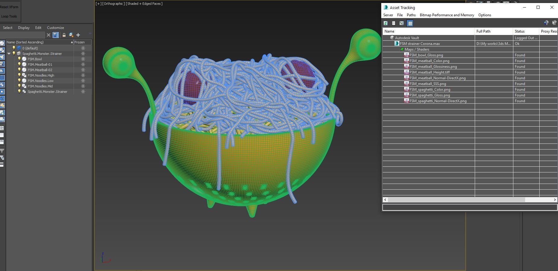 Spaghetti Monster Strainer with Noodles and Meatballs 3D model_24
