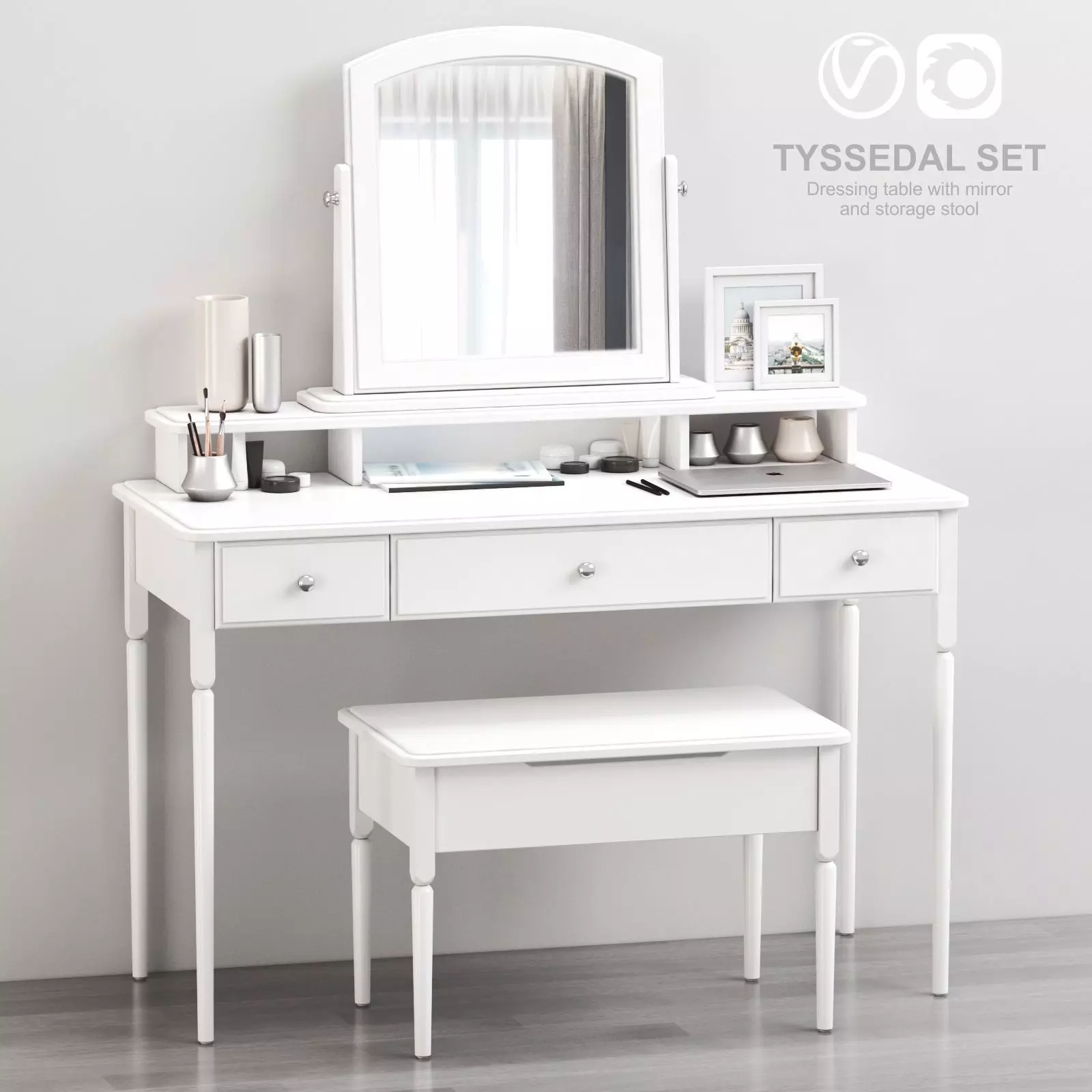 TYSSEDAL Dressing table with mirror and storage stool 3D model_0