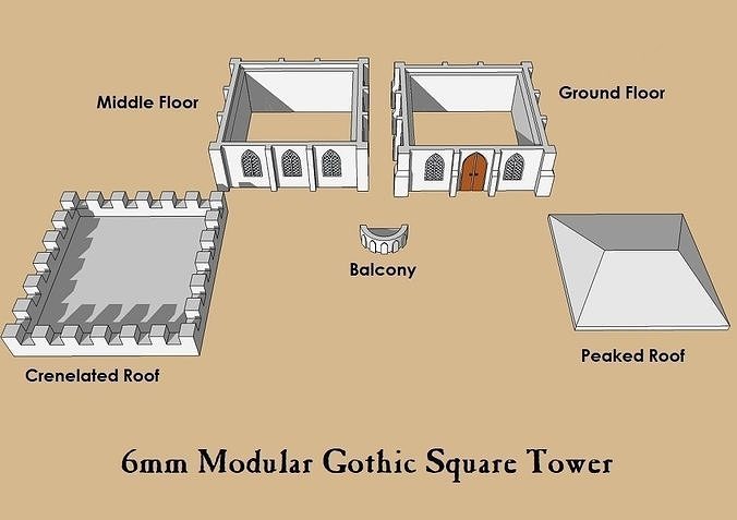 6mm or 8mm Modular Gothic Square Tower 3D print model