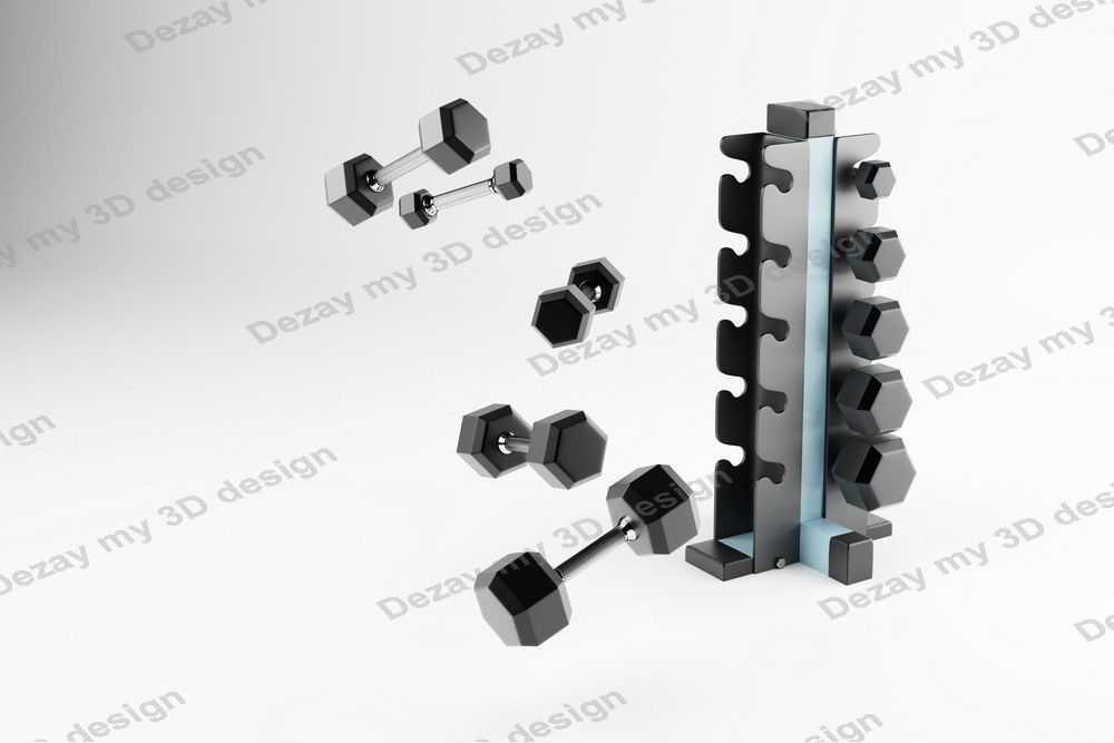 Set of dumbbells for sport on a special black metal stand 3D model_3