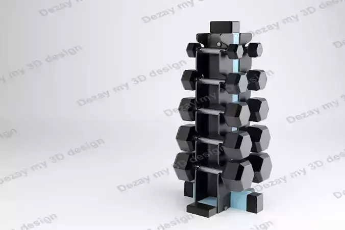 Set of dumbbells for sport on a special black metal stand 3D model