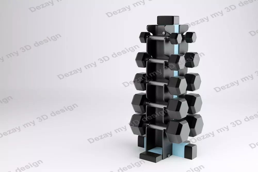 Set of dumbbells for sport on a special black metal stand 3D model_0