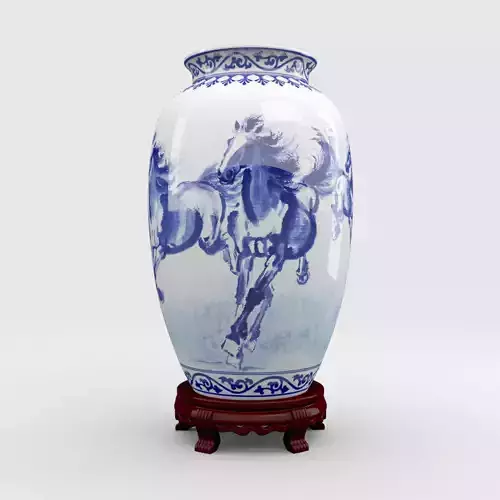 Chinese Blue and White Porcelain Vase with wood stand - Horses