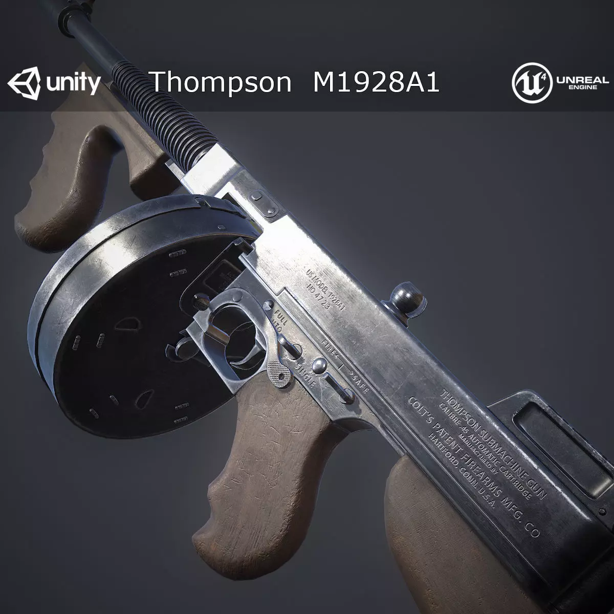 Thompson M1928A1 Submachine Gun Low-poly 3D model_0